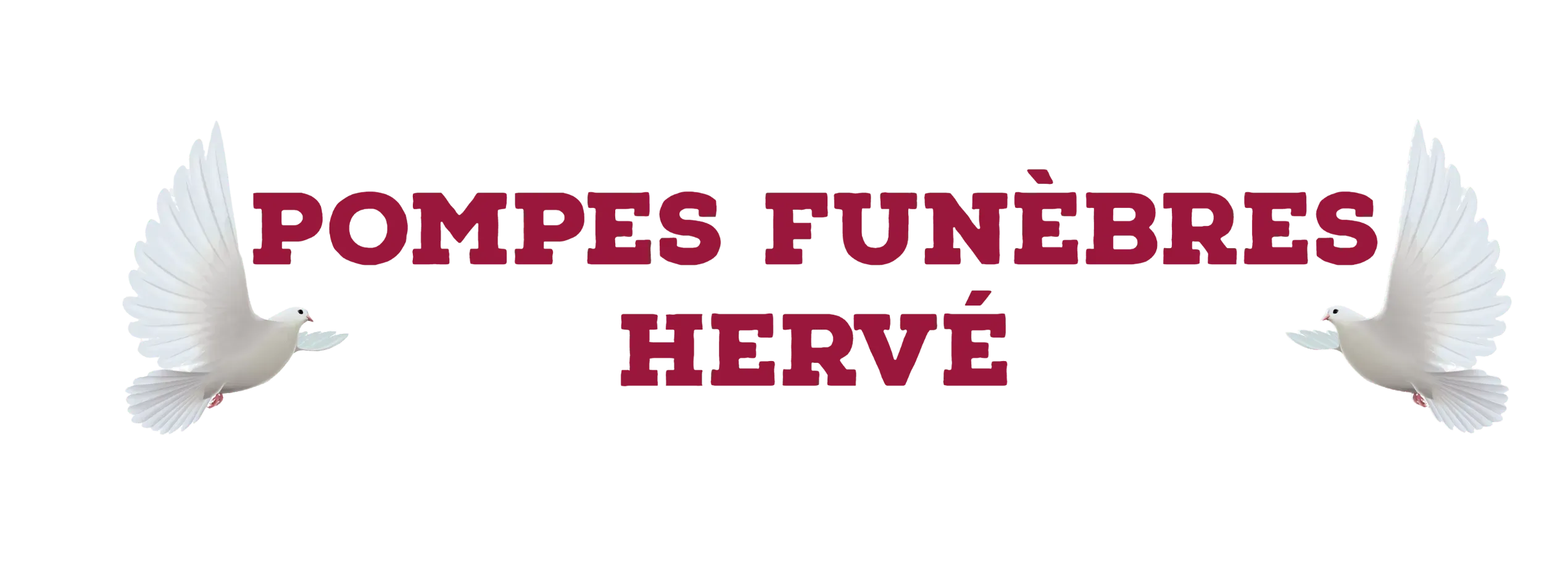 Logo des Pompes Funèbres Hervé encadré par deux colombes blanches aux ailes déployées.